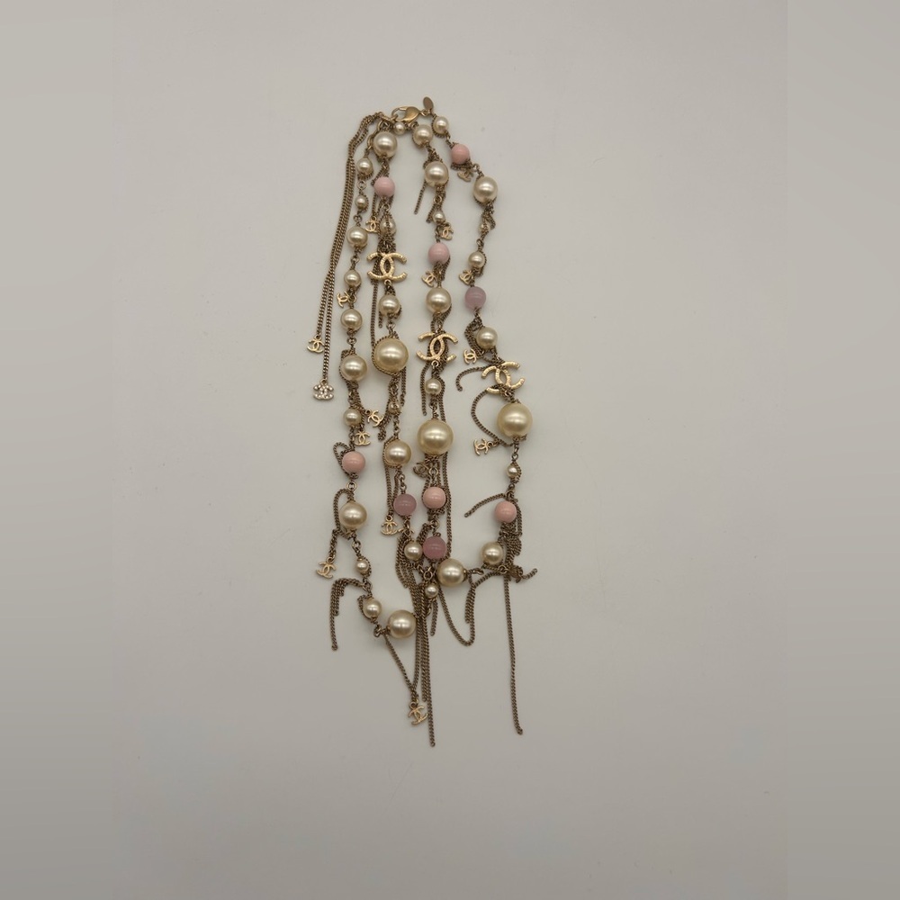 Chanel 100% Authentic Pearl 3 Large CC Long Necklace Silver Pink Tone 20 Inch - Picture 4 of 11